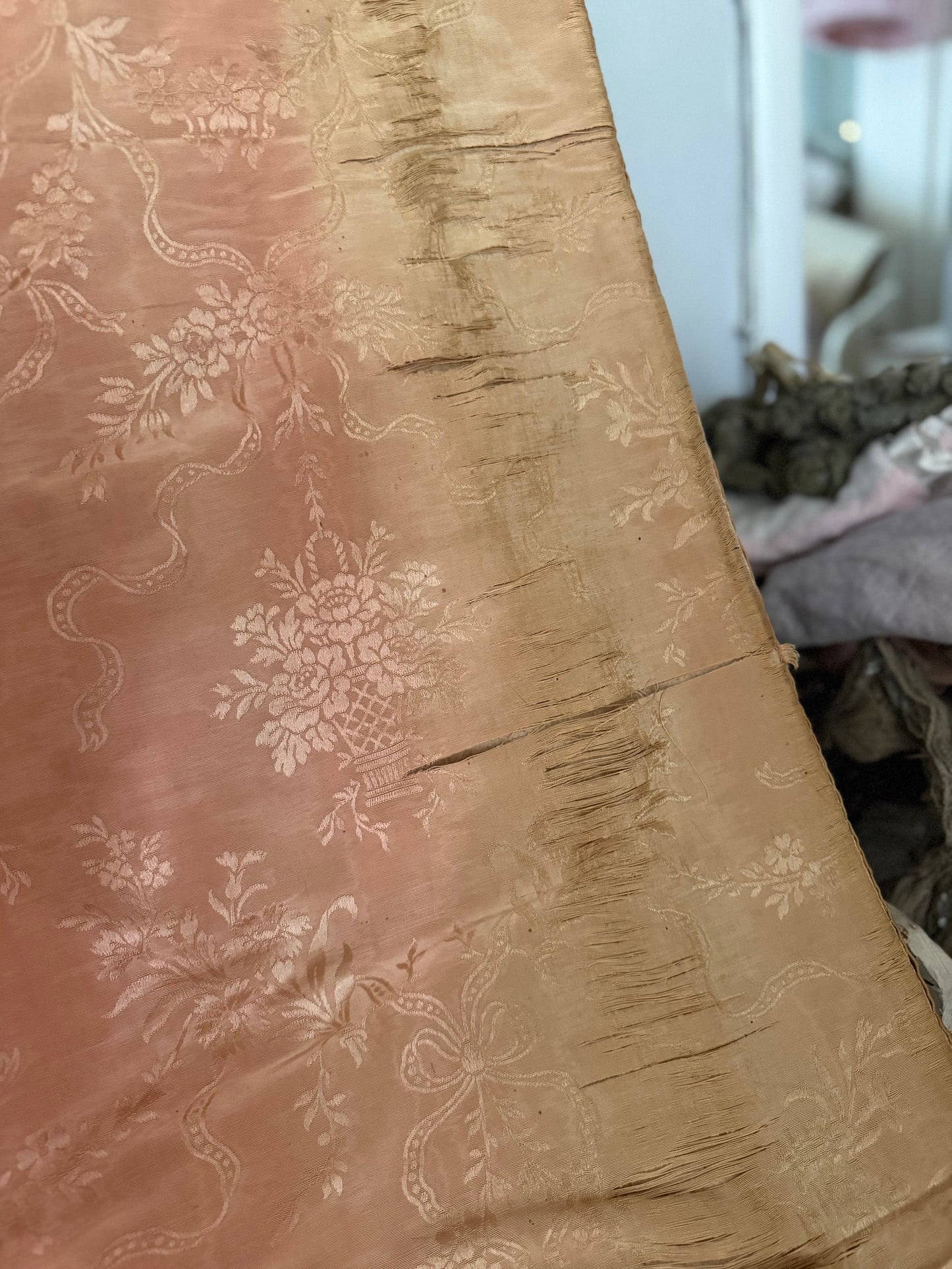 Pair Antique Timeworn Pink Silk Chateau Curtain Panels