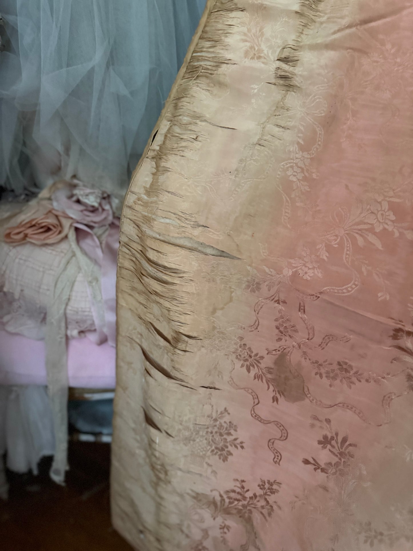 Pair Antique Timeworn Pink Silk Chateau Curtain Panels