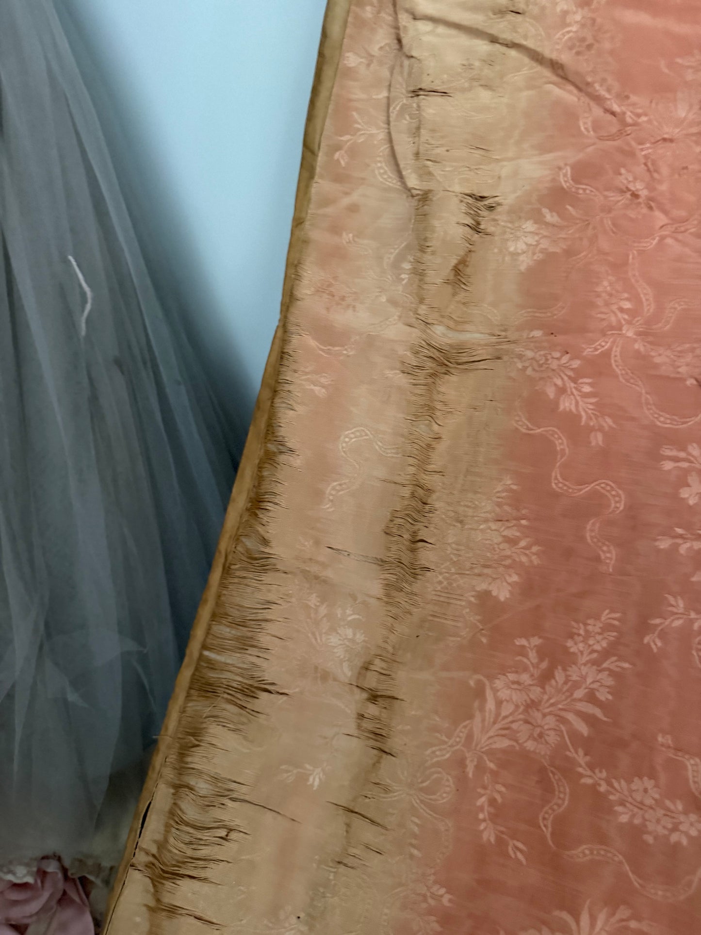 Pair Antique Timeworn Pink Silk Chateau Curtain Panels