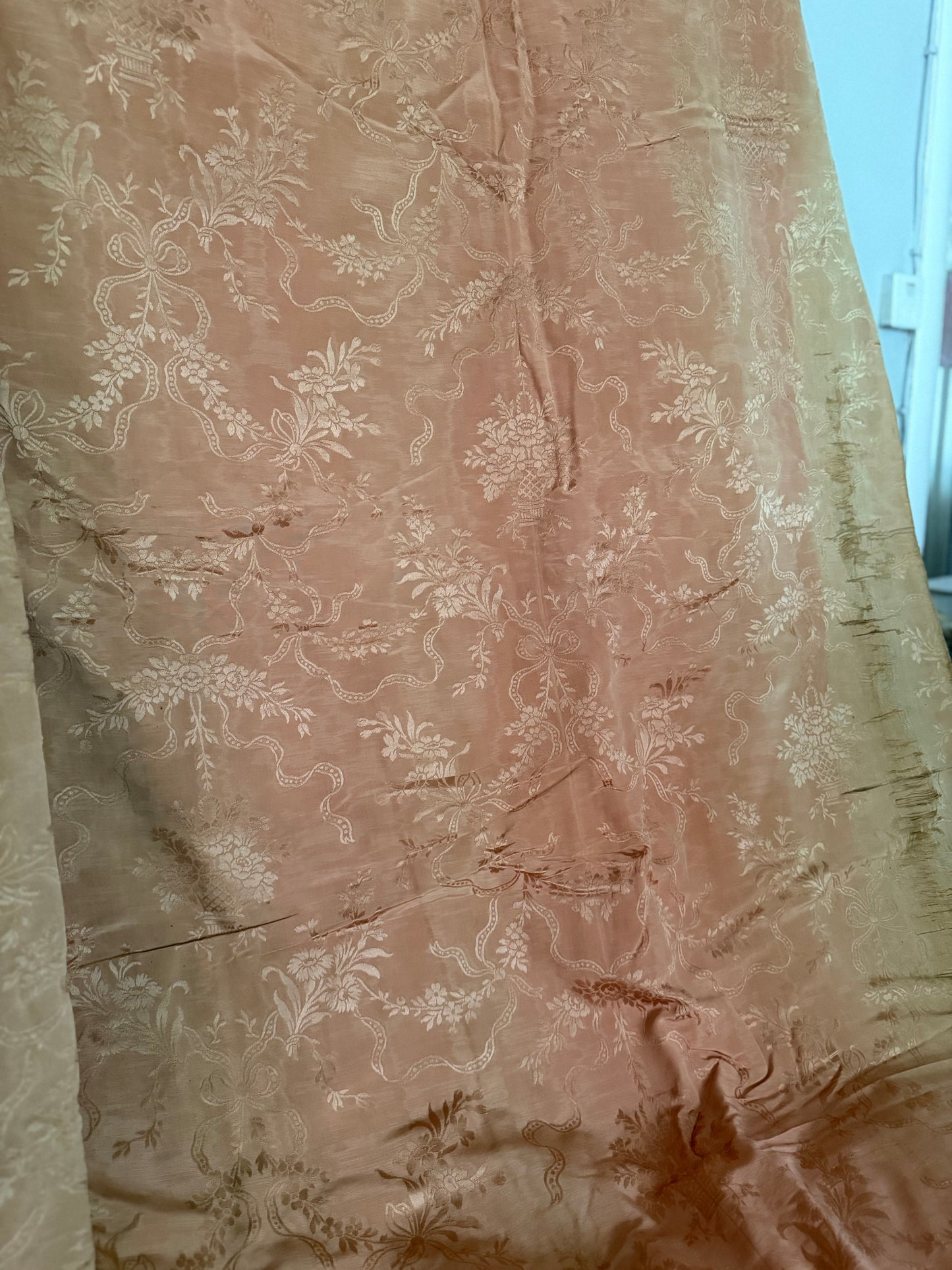Pair Antique Timeworn Pink Silk Chateau Curtain Panels