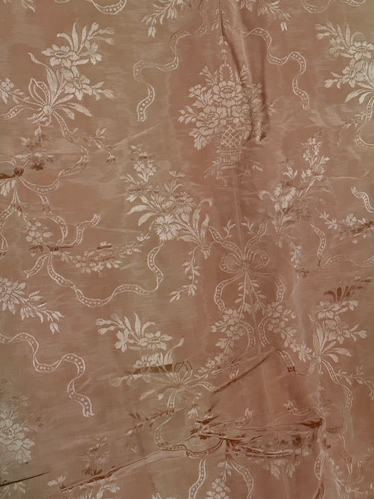 Pair Antique Timeworn Pink Silk Chateau Curtain Panels