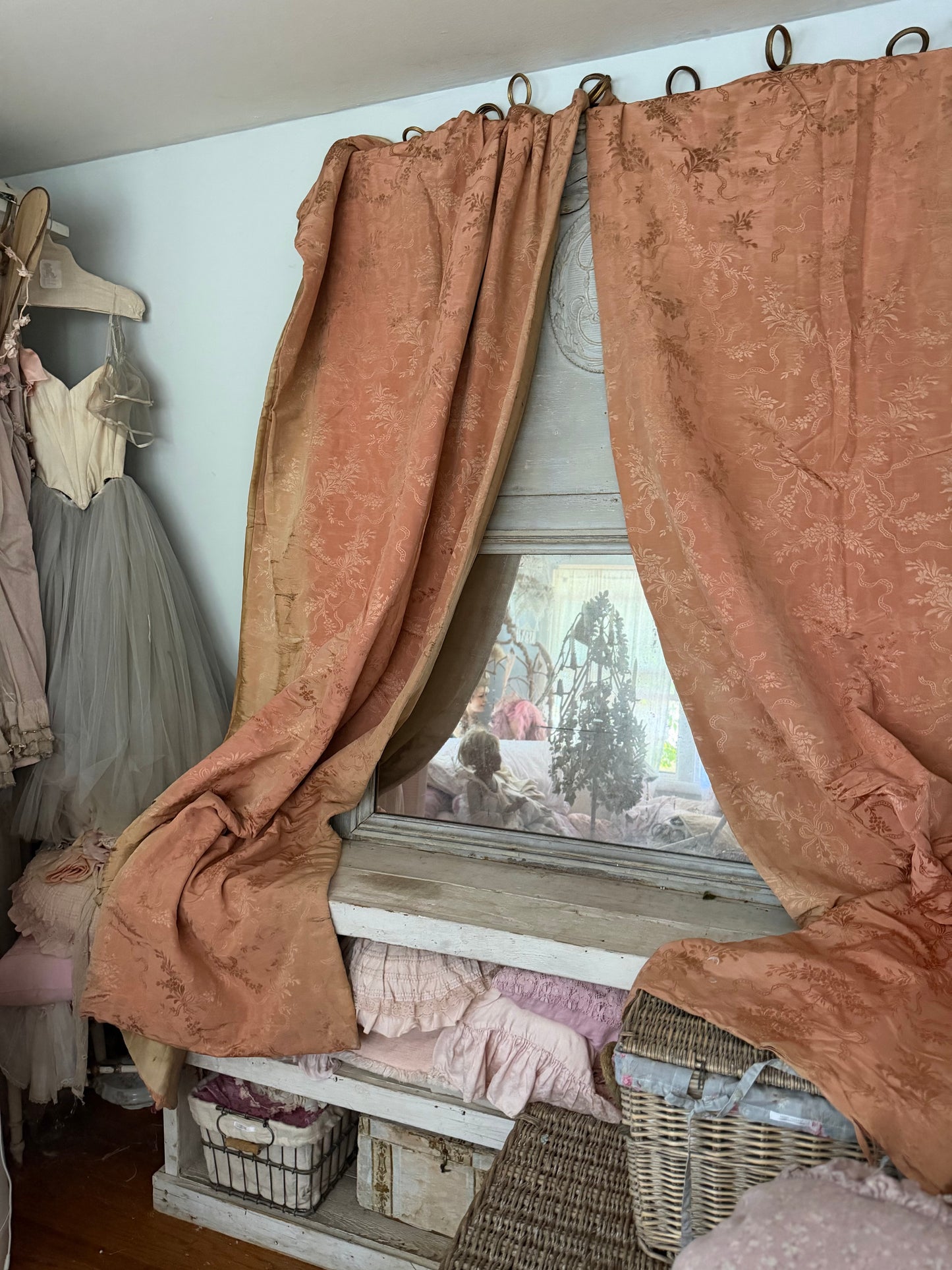 Pair Antique Timeworn Pink Silk Chateau Curtain Panels