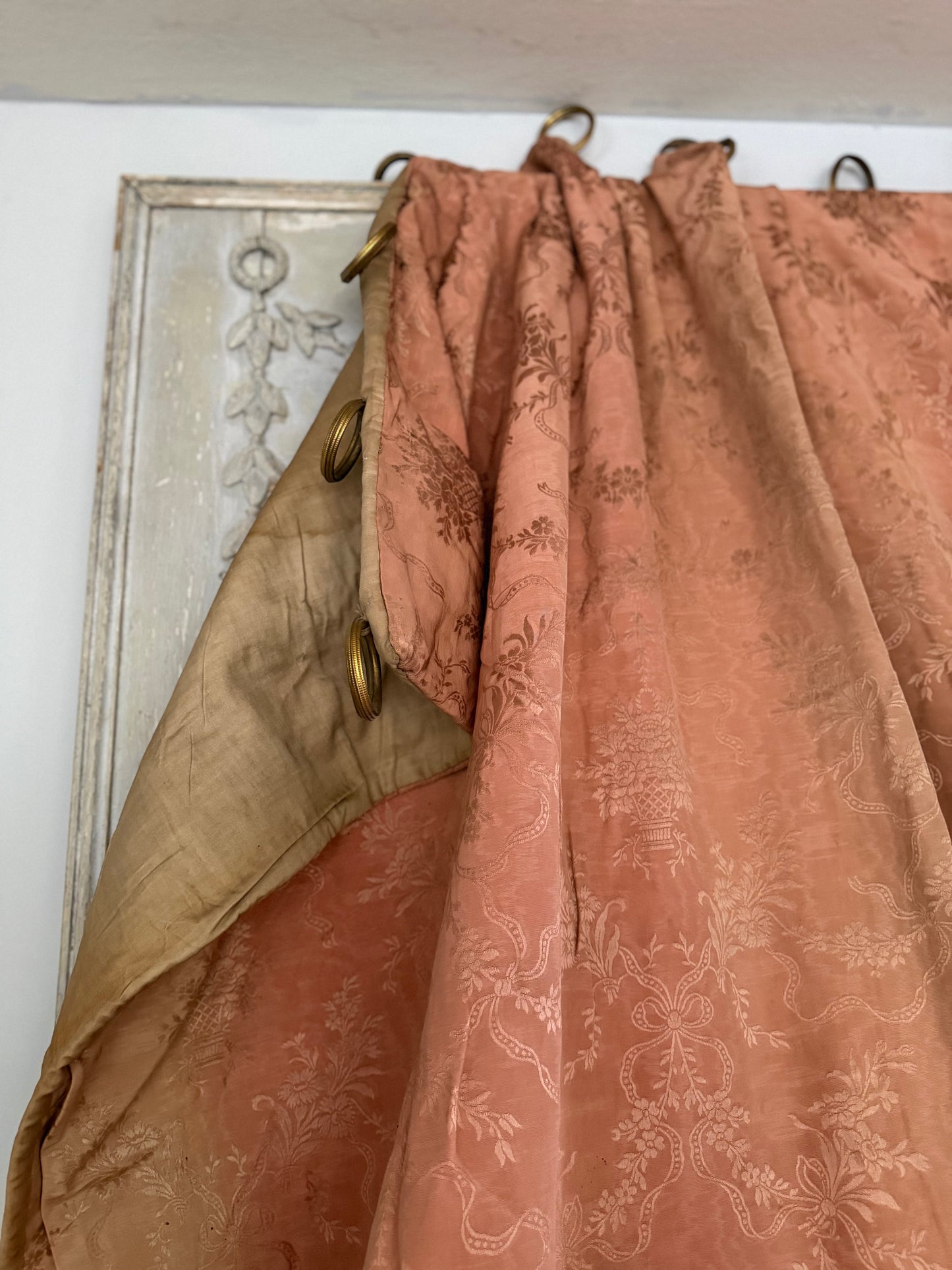 Pair Antique Timeworn Pink Silk Chateau Curtain Panels
