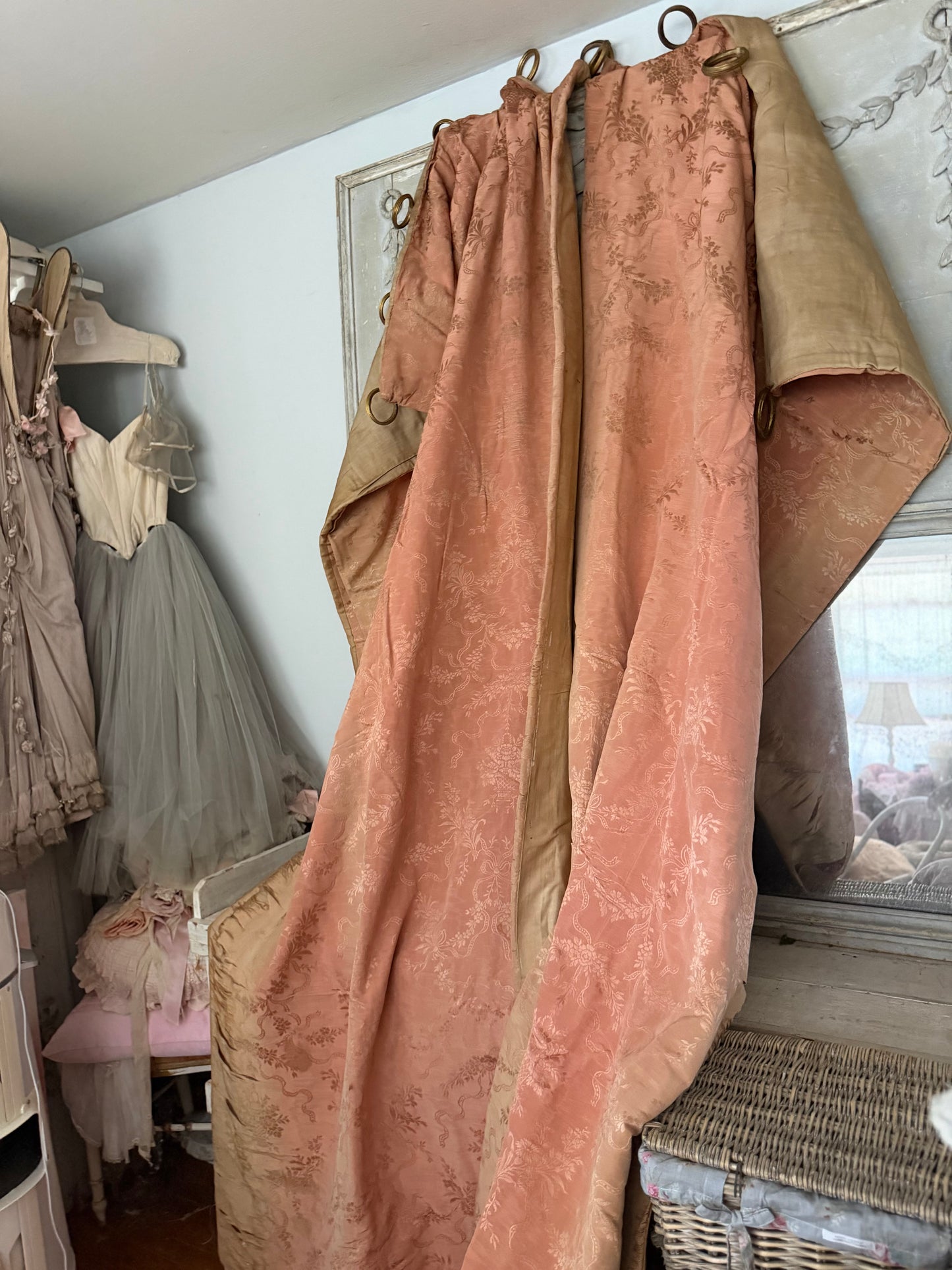 Pair Antique Timeworn Pink Silk Chateau Curtain Panels