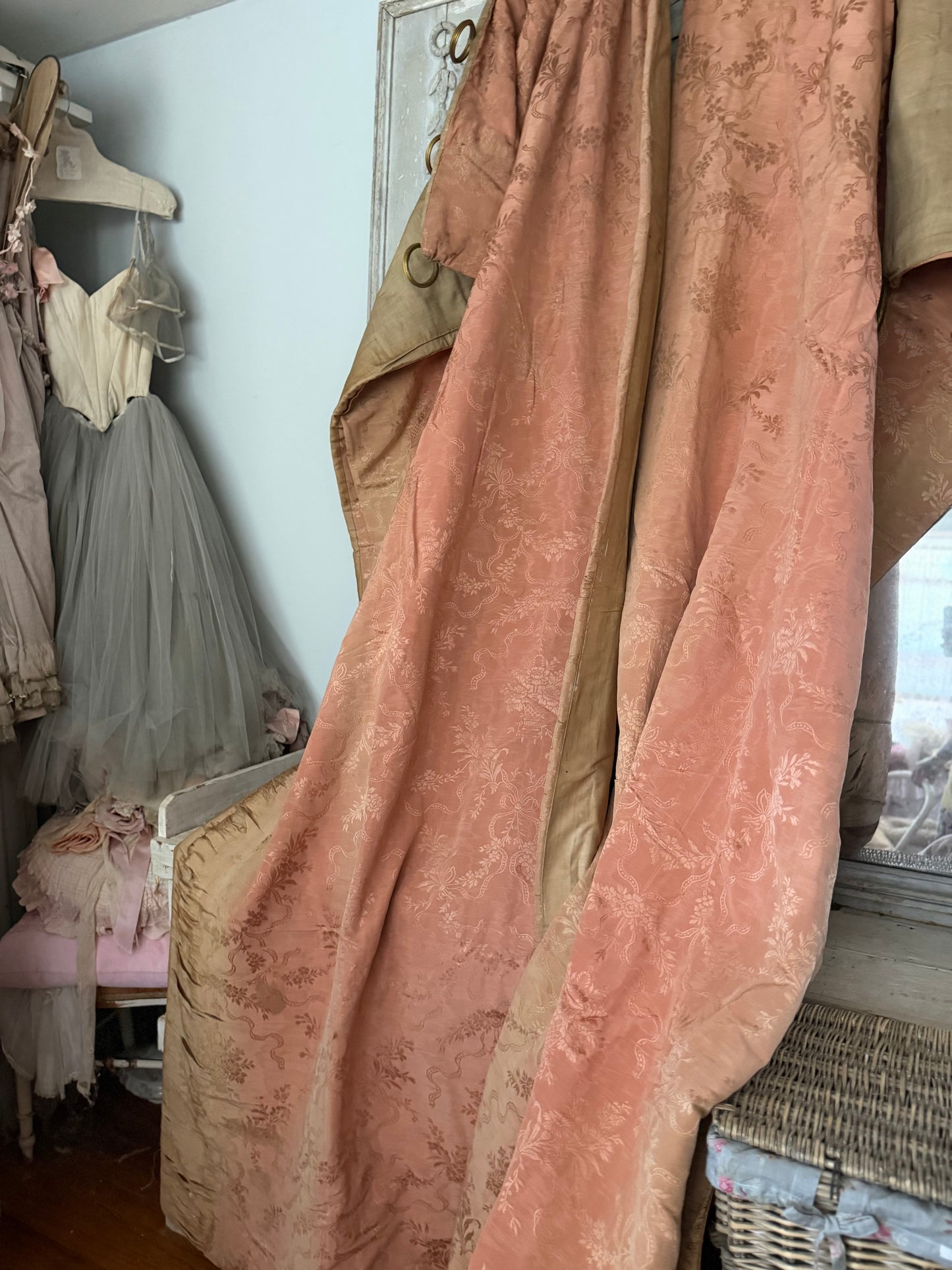 Pair Antique Timeworn Pink Silk Chateau Curtain Panels
