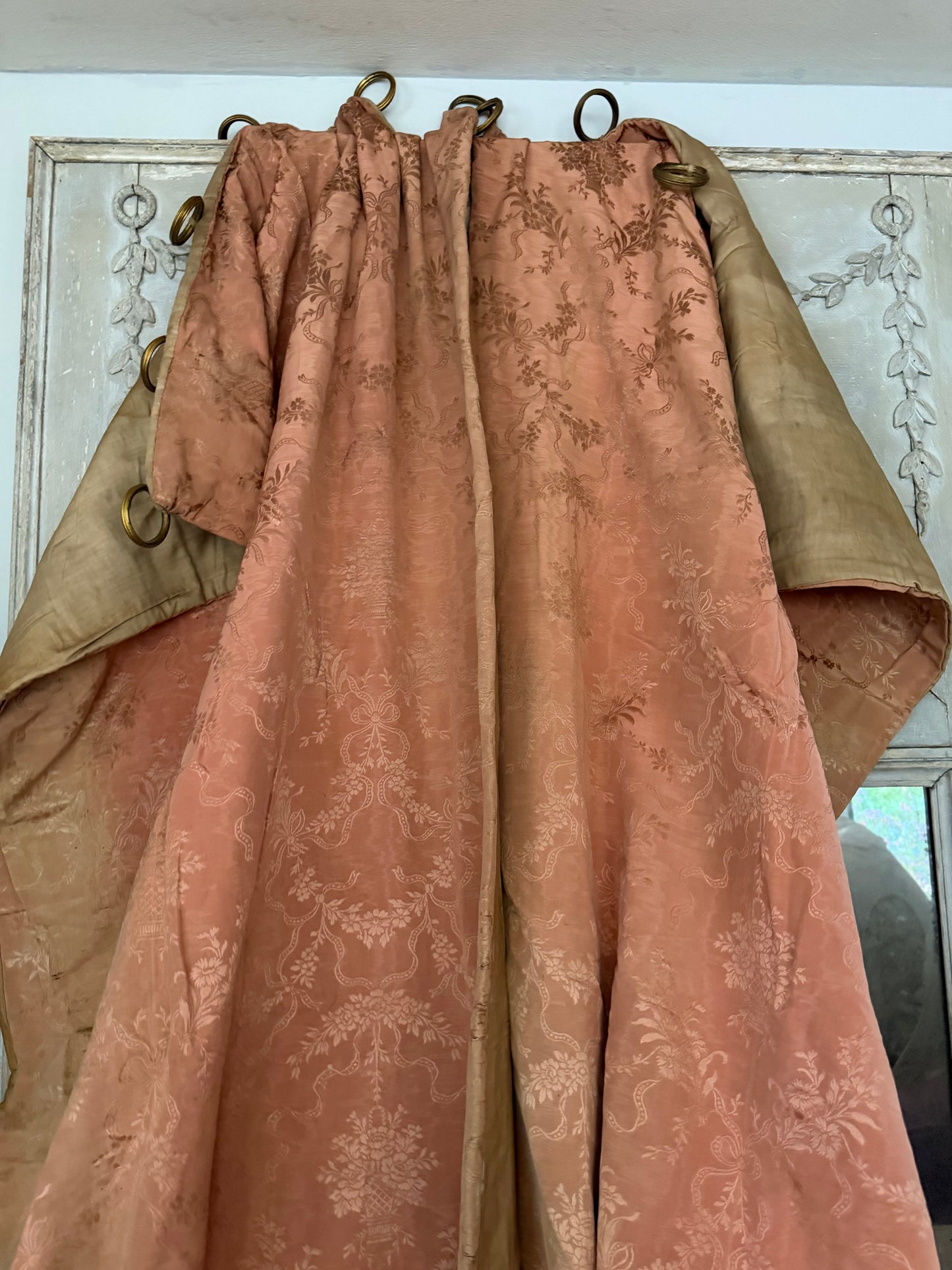 Pair Antique Timeworn Pink Silk Chateau Curtain Panels
