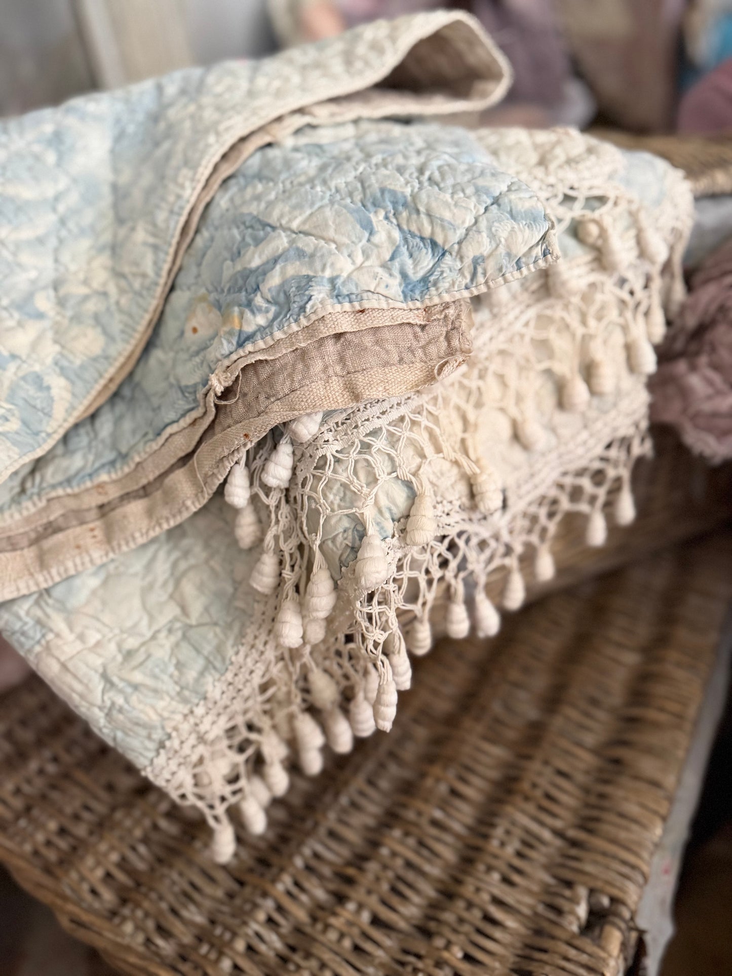 Antique 19th C. French Quilted Blue Cherub Bobble Bed Pelmet Panel