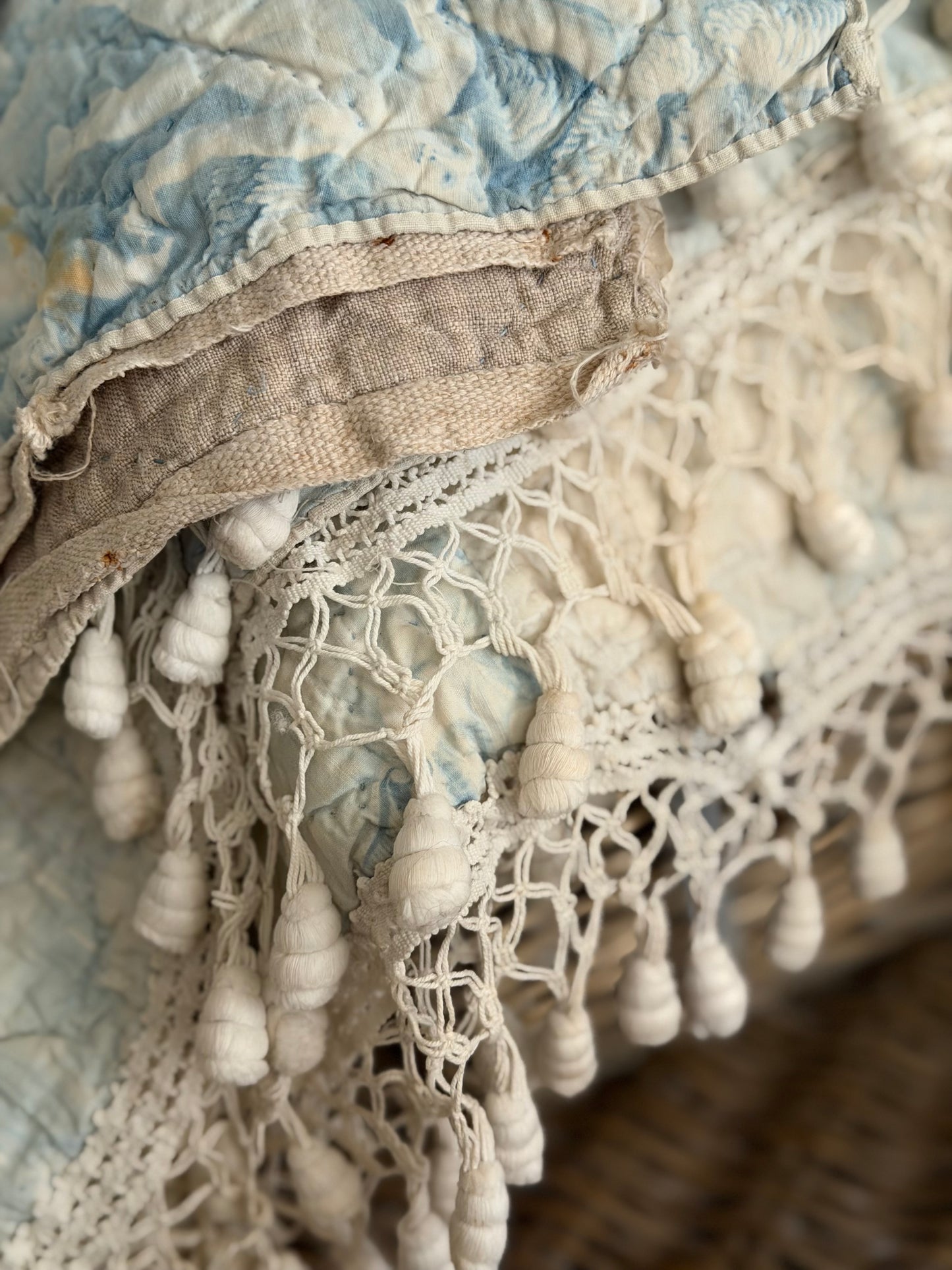 Antique 19th C. French Quilted Blue Cherub Bobble Bed Pelmet Panel