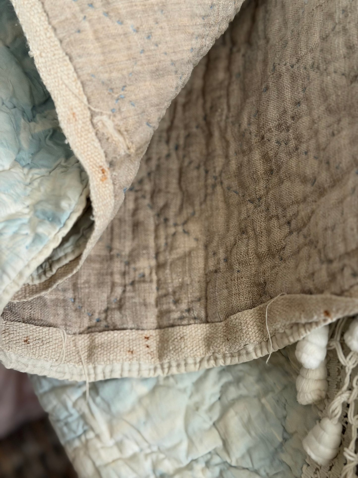 Antique 19th C. French Quilted Blue Cherub Bobble Bed Pelmet Panel
