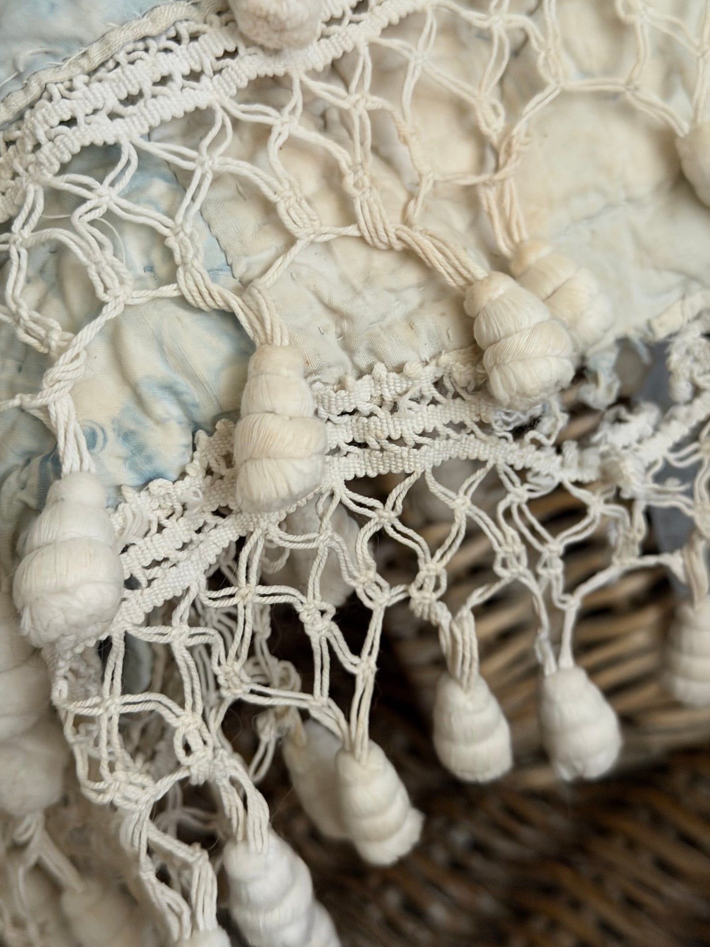 Antique 19th C. French Quilted Blue Cherub Bobble Bed Pelmet Panel