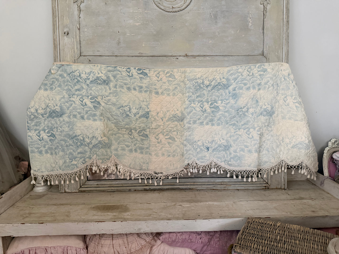 Antique 19th C. French Quilted Blue Cherub Bobble Bed Pelmet Panel