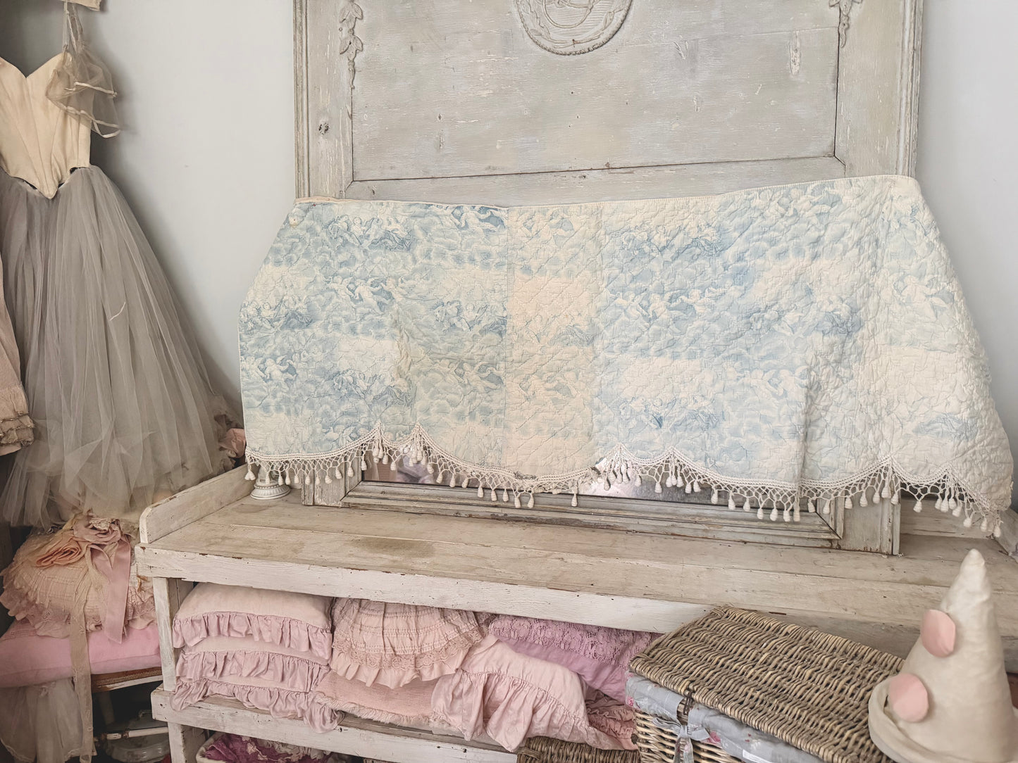 Antique 19th C. French Quilted Blue Cherub Bobble Bed Pelmet Panel