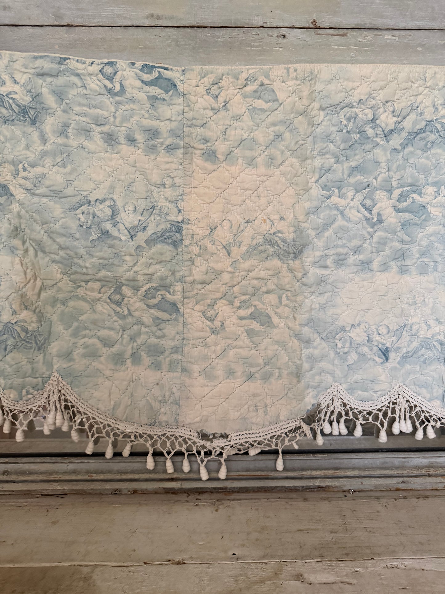 Antique 19th C. French Quilted Blue Cherub Bobble Bed Pelmet Panel