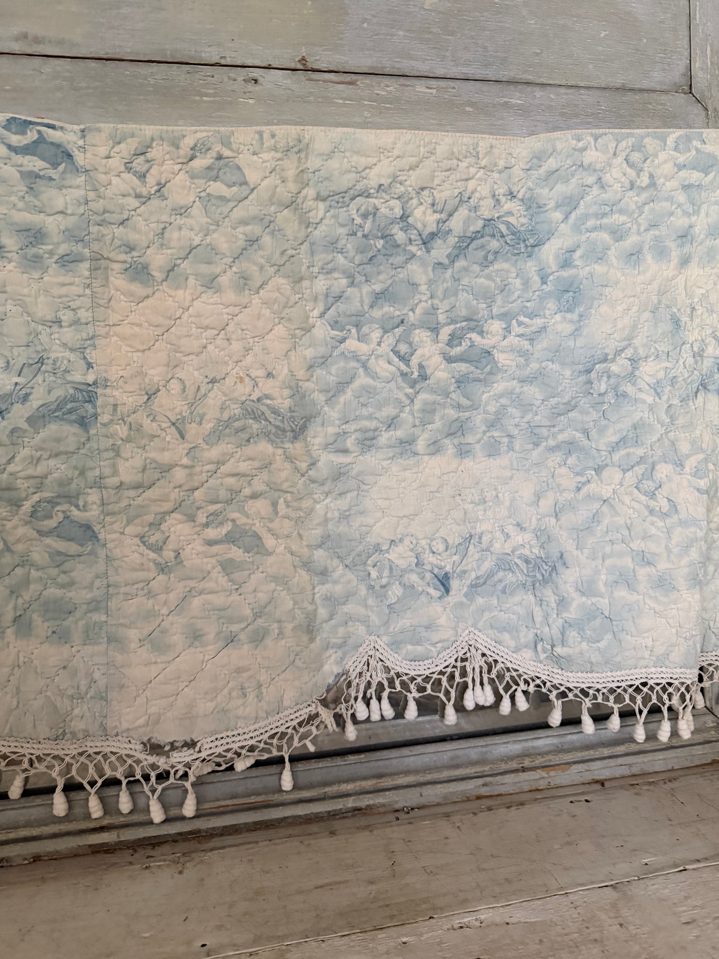 Antique 19th C. French Quilted Blue Cherub Bobble Bed Pelmet Panel