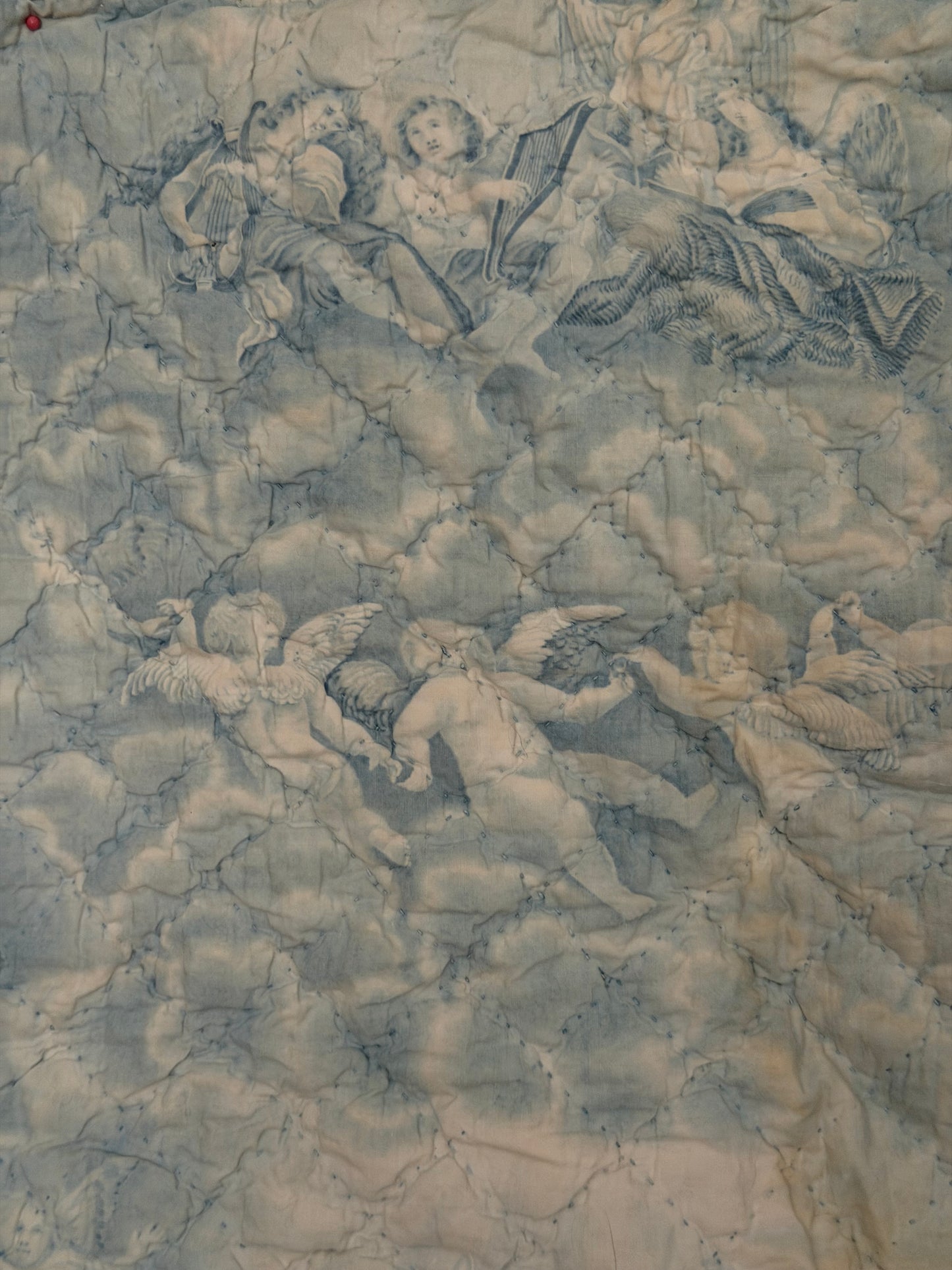 Antique 19th C. French Quilted Blue Cherub Bobble Bed Pelmet Panel