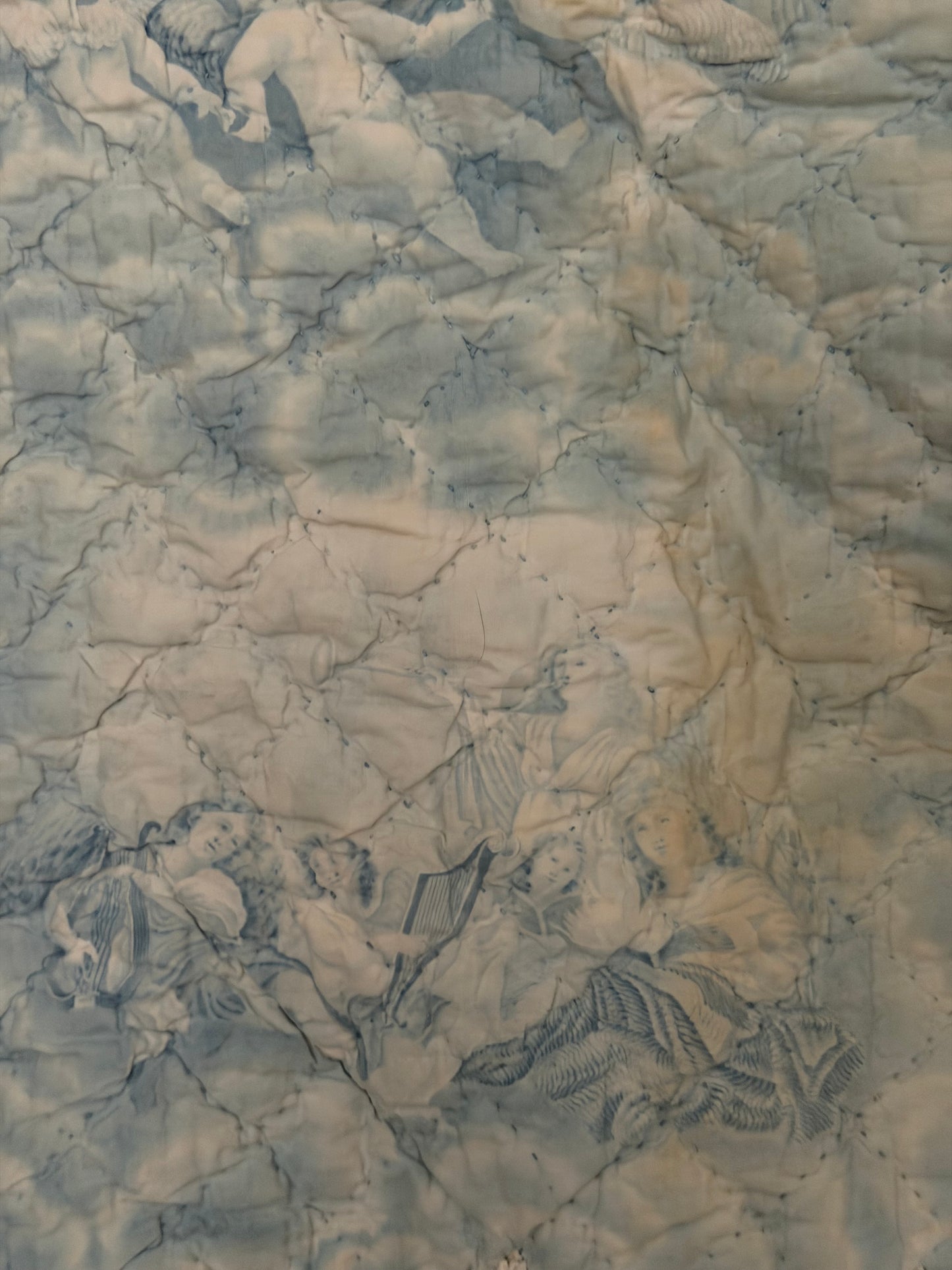 Antique 19th C. French Quilted Blue Cherub Bobble Bed Pelmet Panel