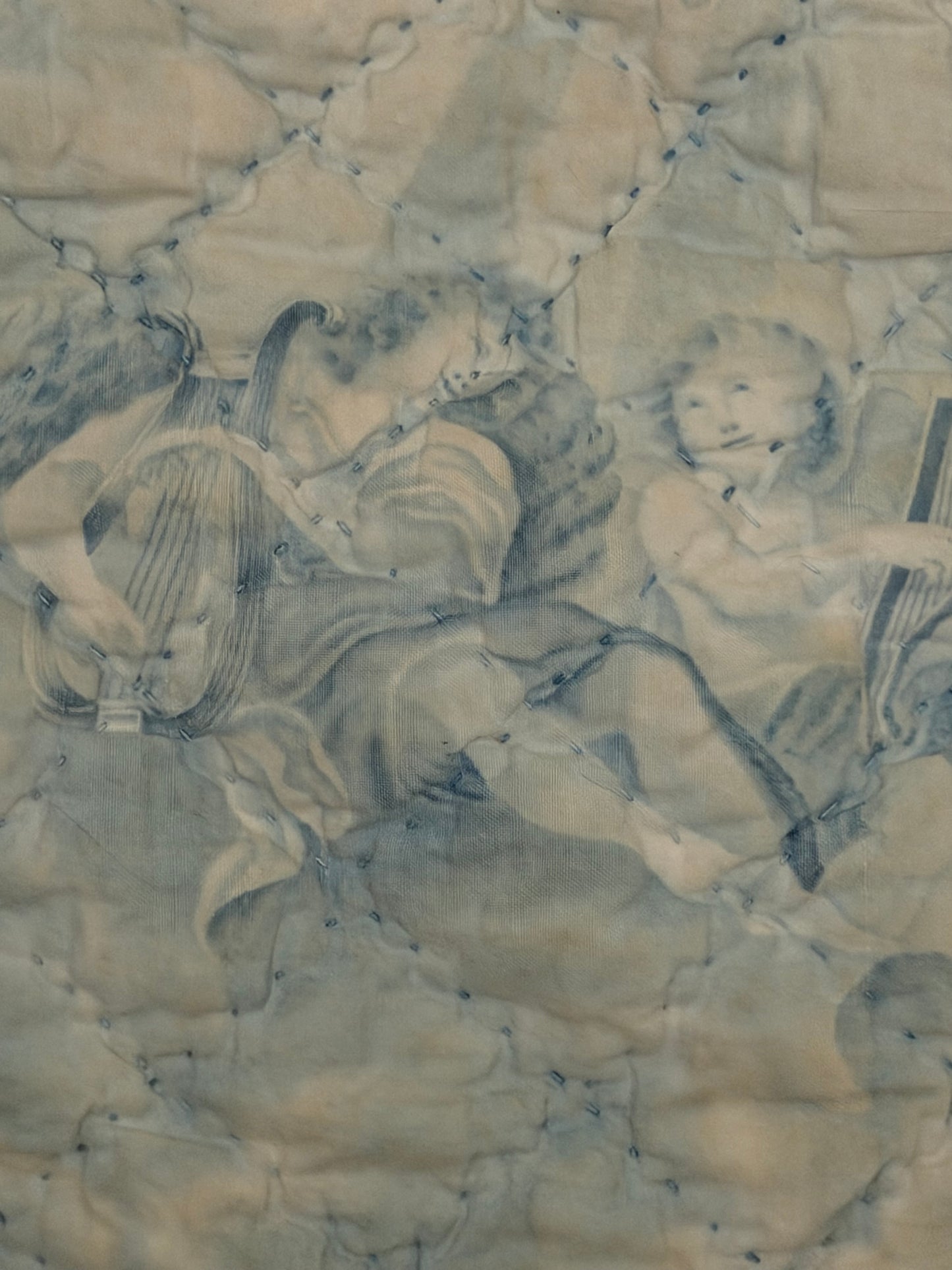 Antique 19th C. French Quilted Blue Cherub Bobble Bed Pelmet Panel