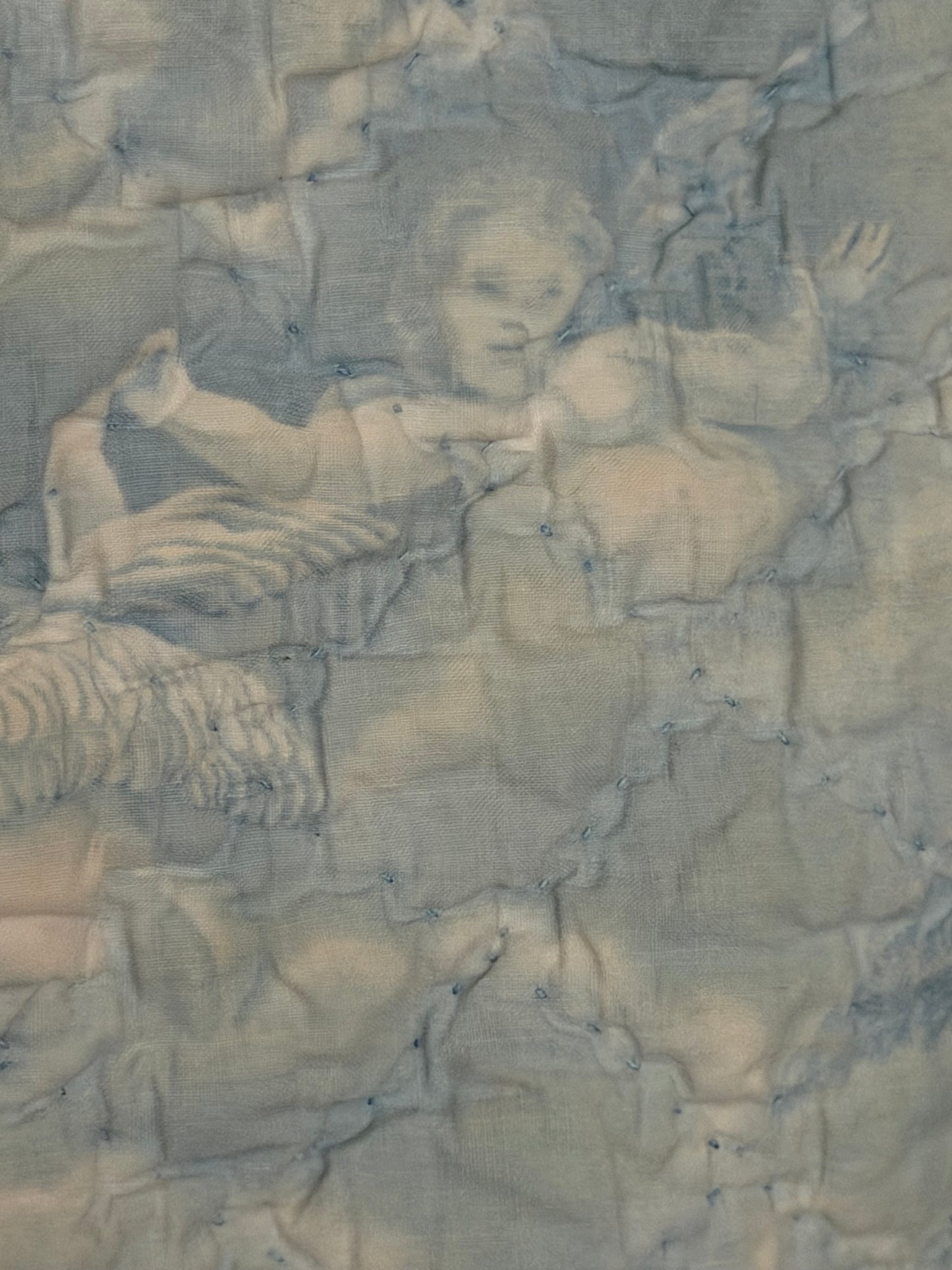 Antique 19th C. French Quilted Blue Cherub Bobble Bed Pelmet Panel