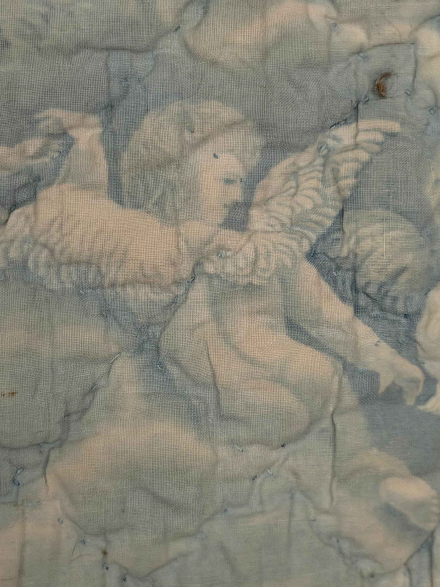 Antique 19th C. French Quilted Blue Cherub Bobble Bed Pelmet Panel