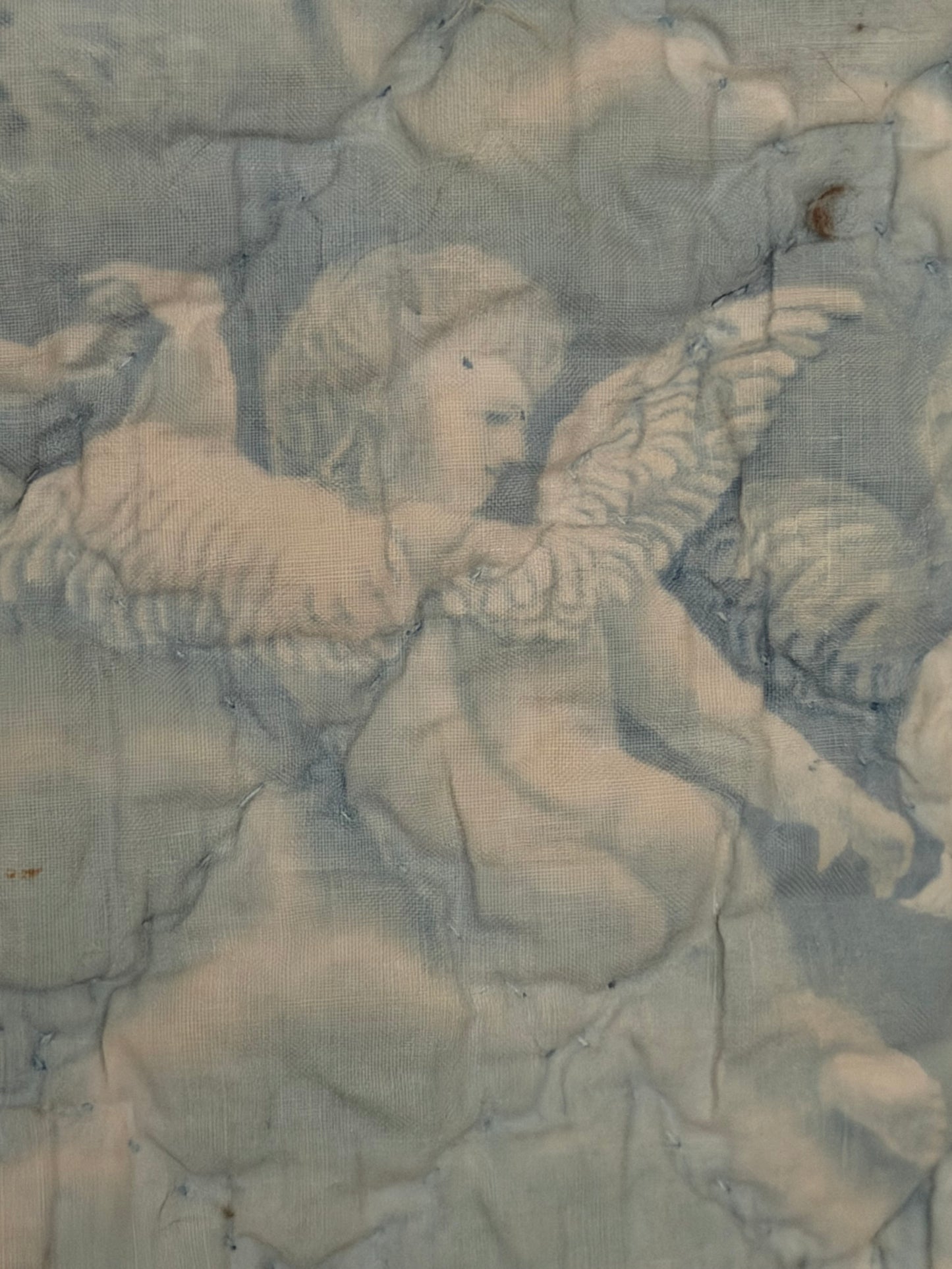 Antique 19th C. French Quilted Blue Cherub Bobble Bed Pelmet Panel