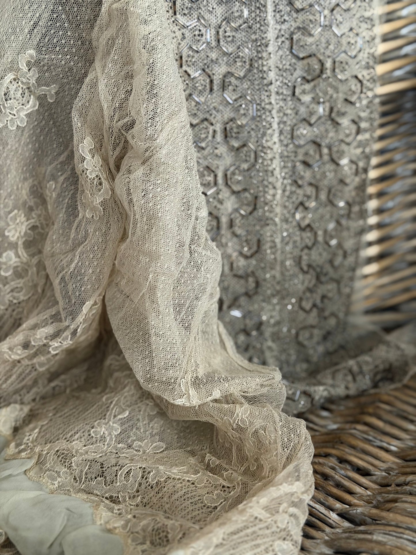 Antique Silk Beaded Lace Panel From Edwardian Dress