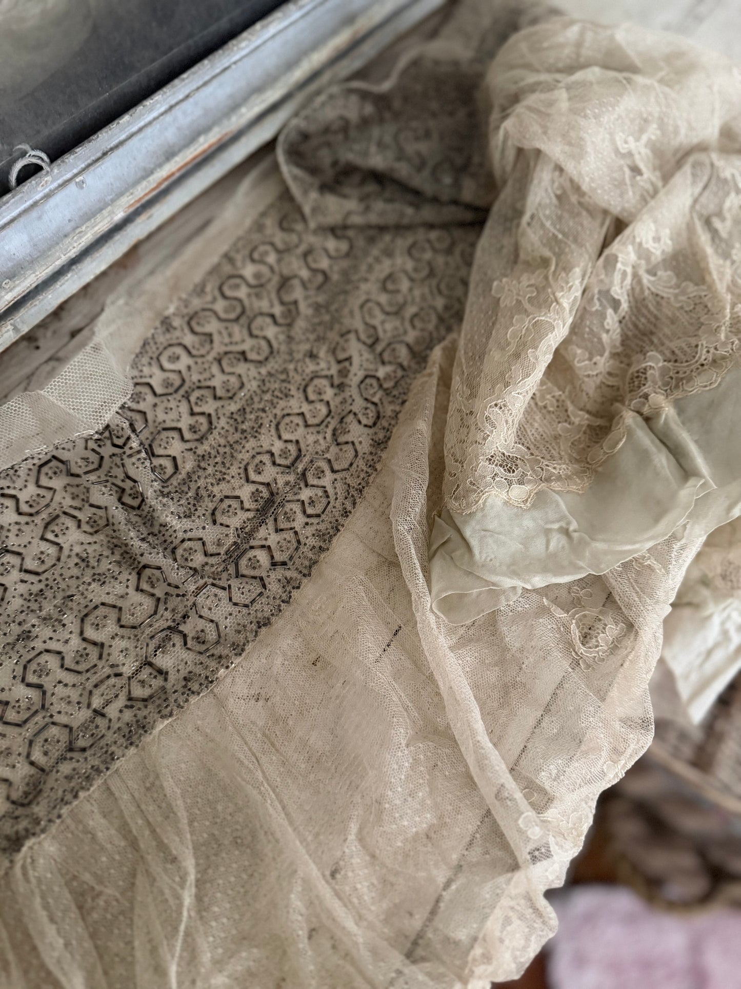 Antique Silk Beaded Lace Panel From Edwardian Dress