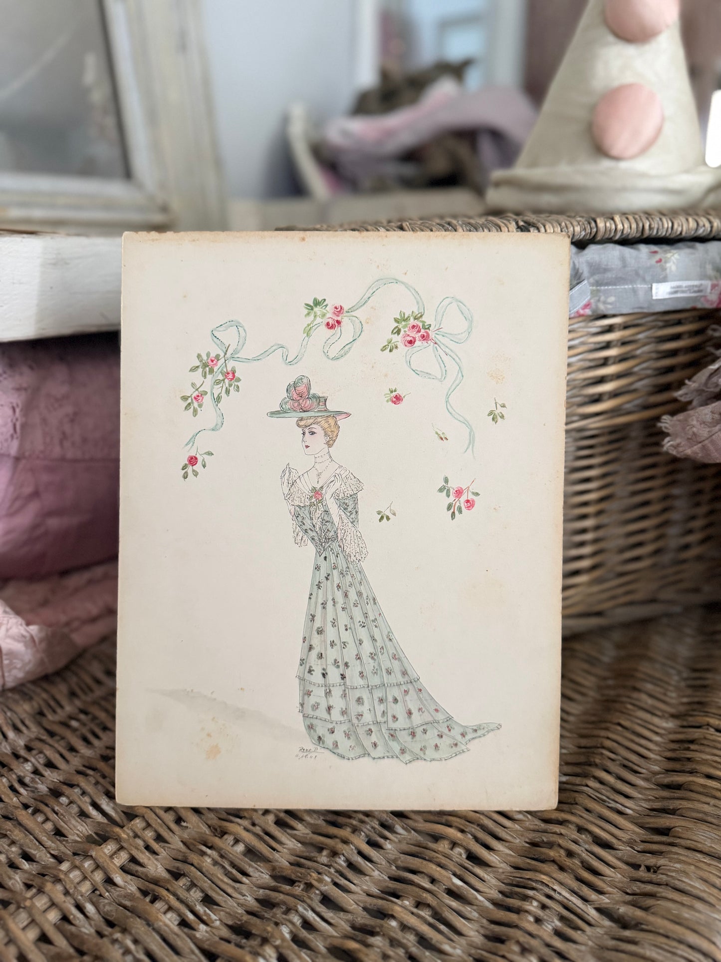Antique 1903 French Fashion Costume Sketch Blue Floral Lace Dress