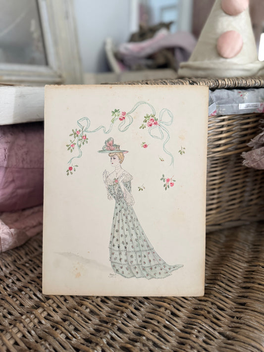 Antique 1903 French Fashion Costume Sketch Blue Floral Lace Dress