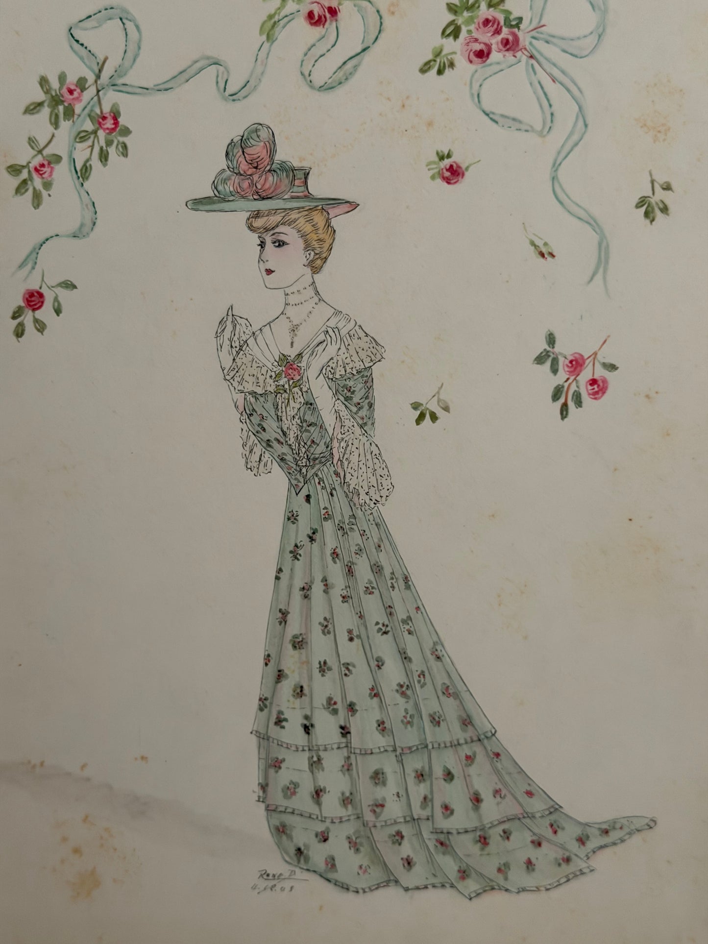 Antique 1903 French Fashion Costume Sketch Blue Floral Lace Dress
