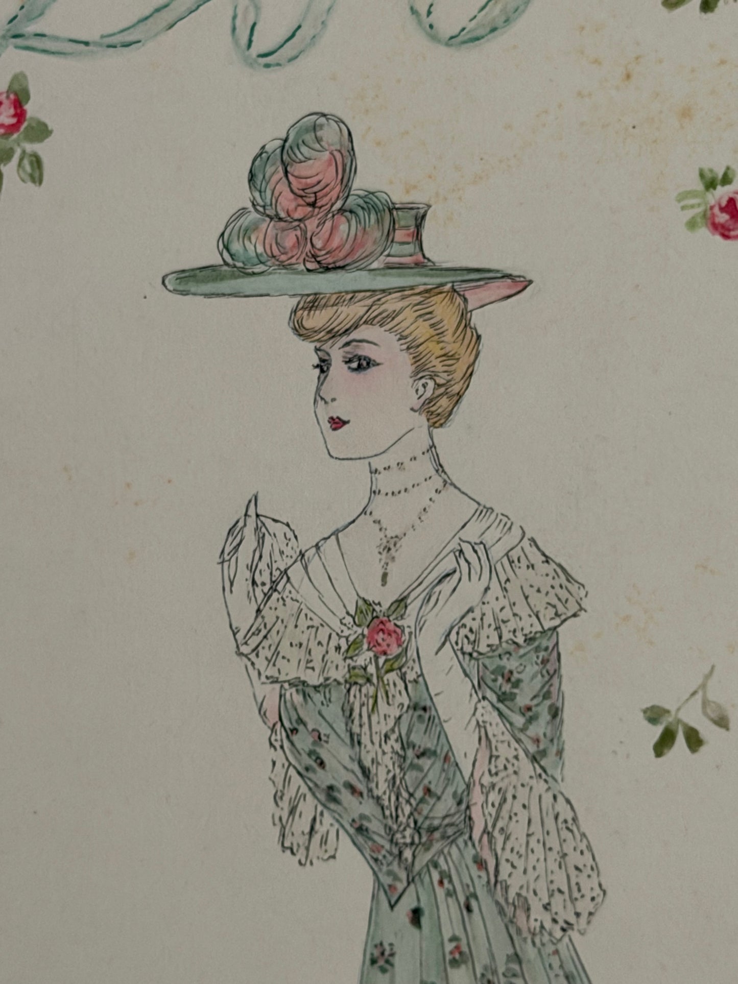 Antique 1903 French Fashion Costume Sketch Blue Floral Lace Dress