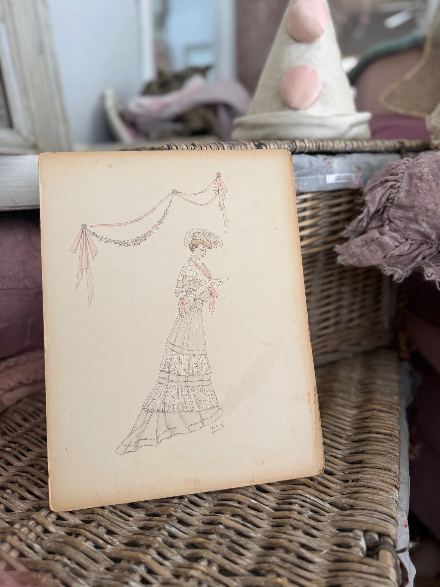 Antique French Fashion Costume Sketch Pink Lace Dress