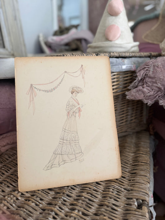 Antique French Fashion Costume Sketch Pink Lace Dress