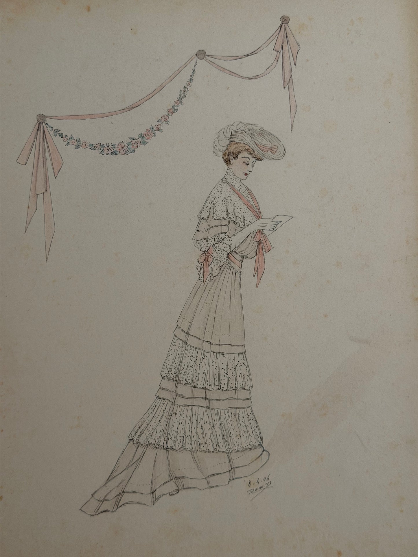 Antique French Fashion Costume Sketch Pink Lace Dress