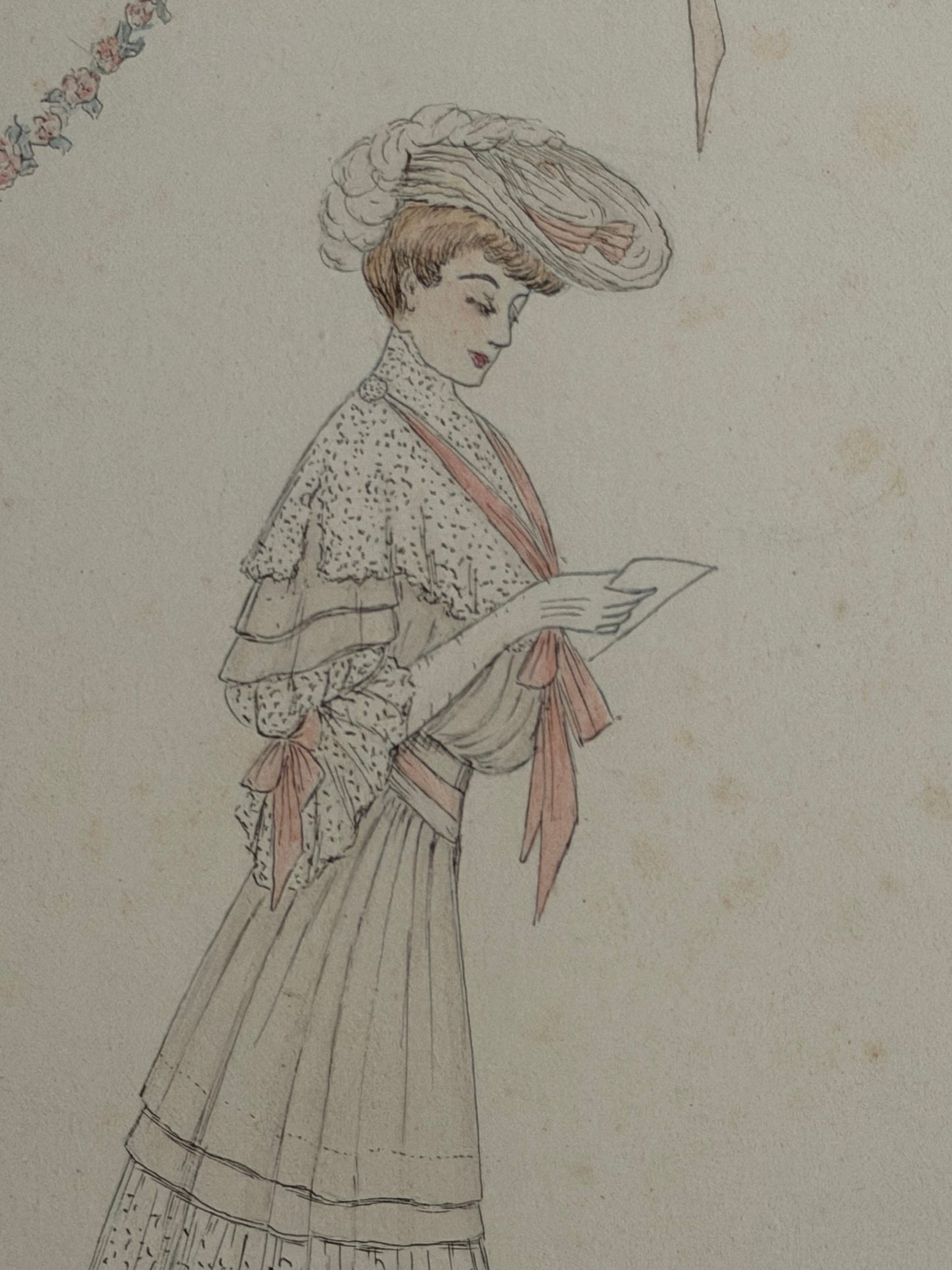 Antique French Fashion Costume Sketch Pink Lace Dress