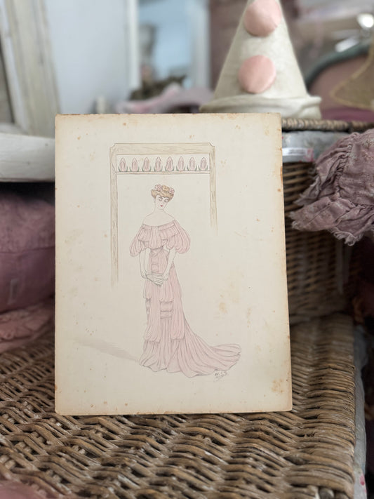 Antique French Fashion Costume Sketch Pink Dress