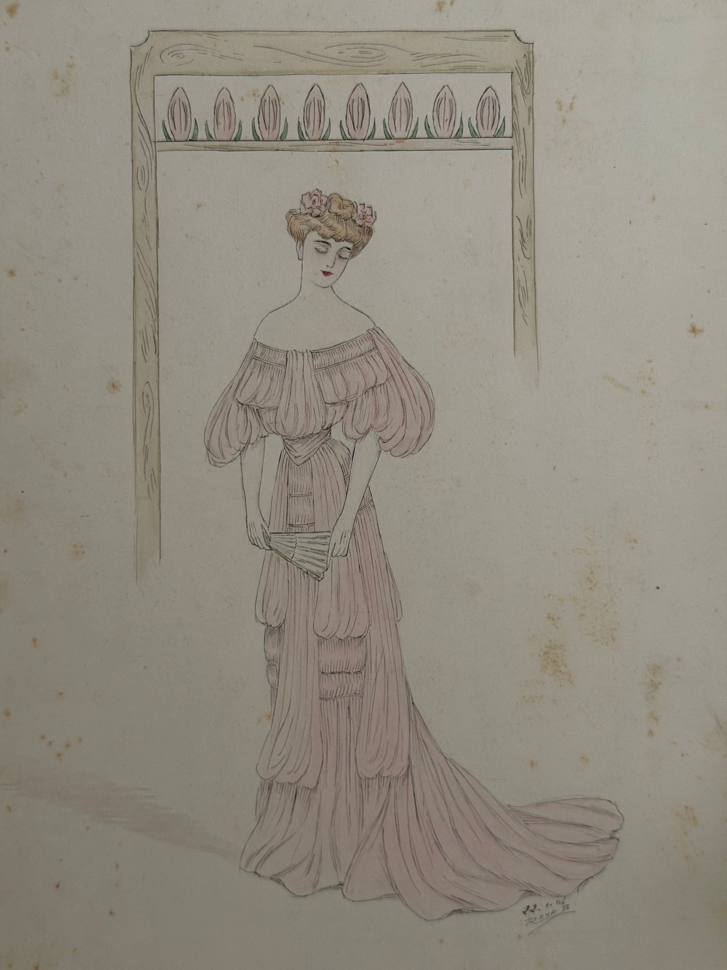 Antique French Fashion Costume Sketch Pink Dress