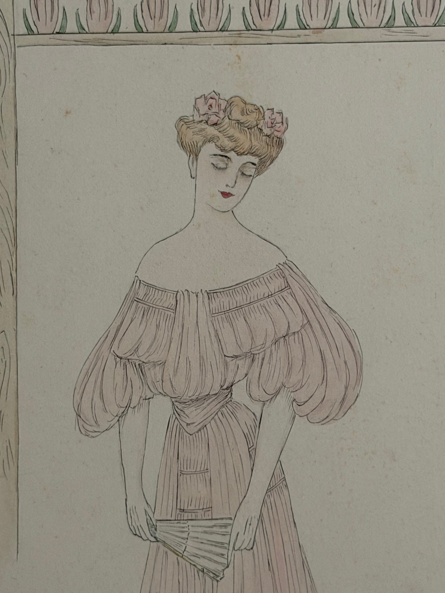 Antique French Fashion Costume Sketch Pink Dress
