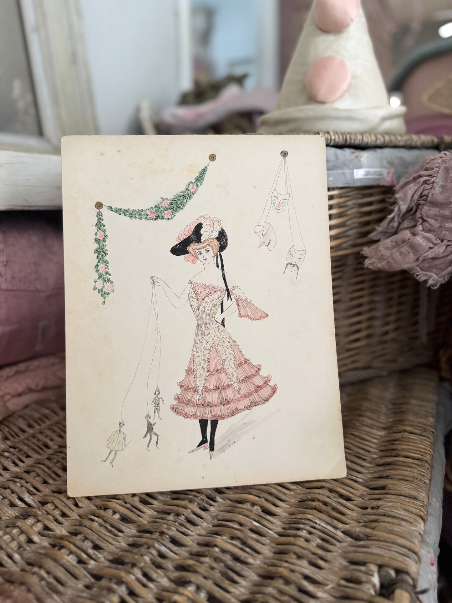 Antique 1903 French Fashion Costume Sketch Pink Masquerade