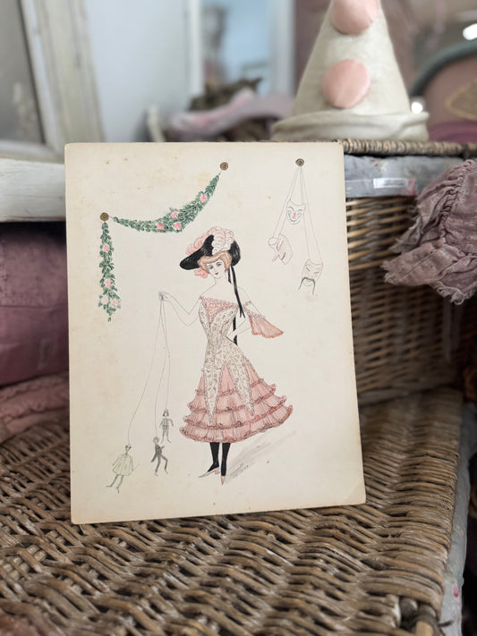 Antique 1903 French Fashion Costume Sketch Pink Masquerade