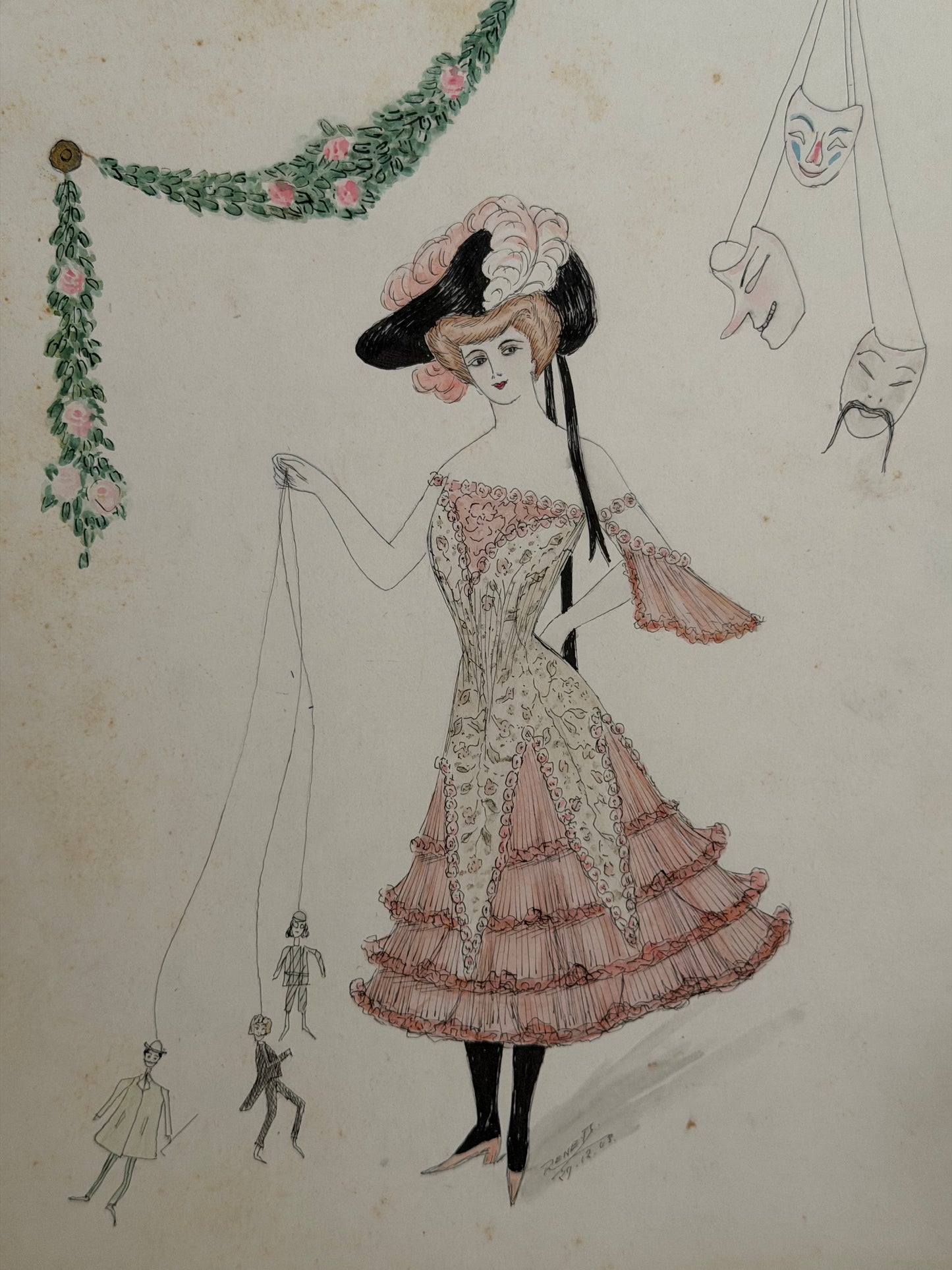 Antique 1903 French Fashion Costume Sketch Pink Masquerade