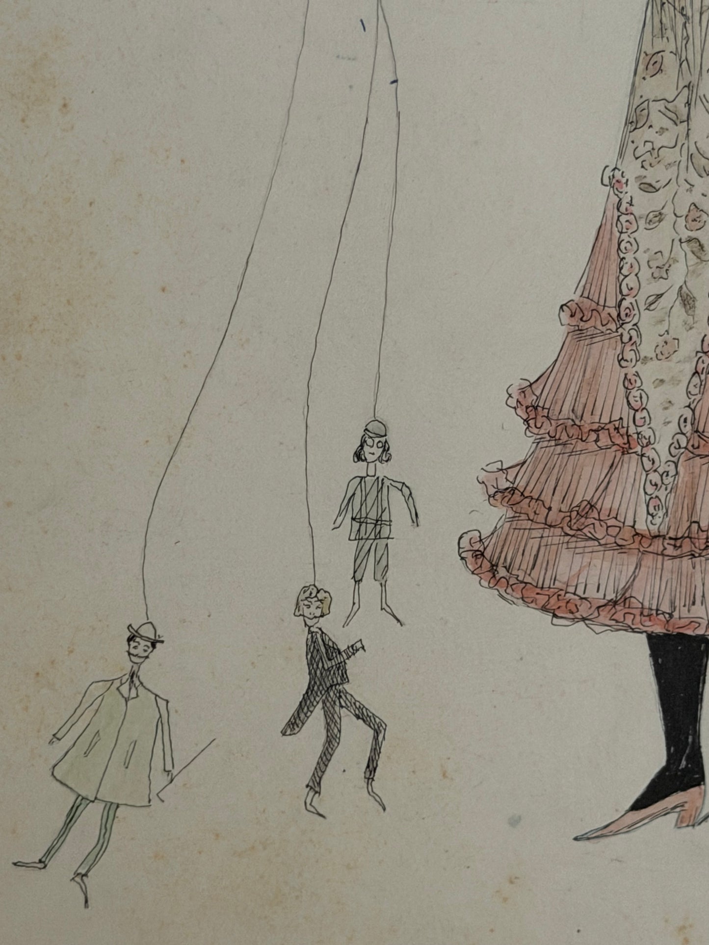 Antique 1903 French Fashion Costume Sketch Pink Masquerade