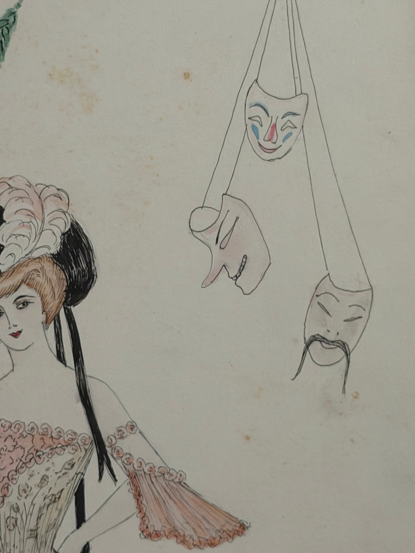 Antique 1903 French Fashion Costume Sketch Pink Masquerade