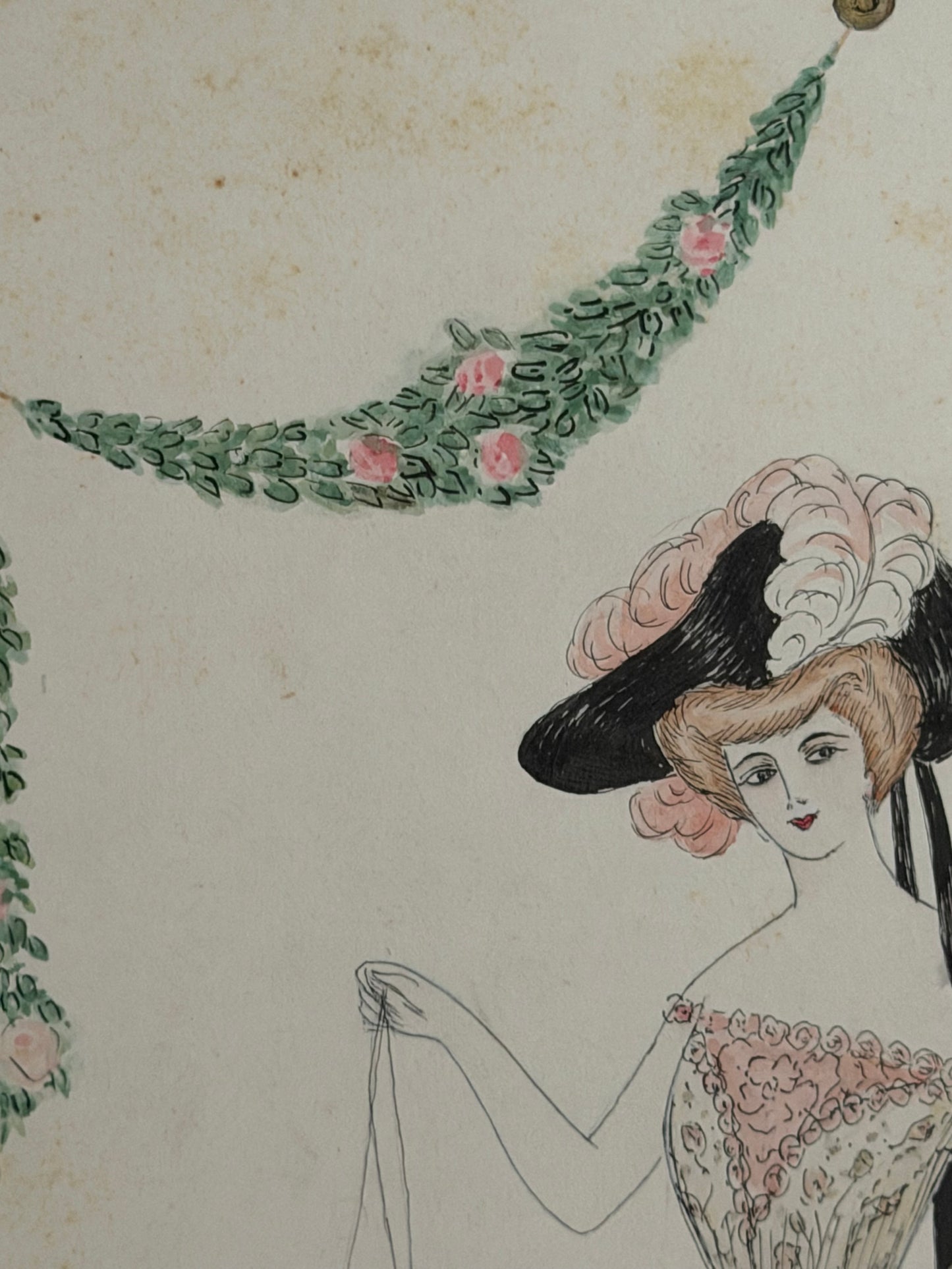 Antique 1903 French Fashion Costume Sketch Pink Masquerade