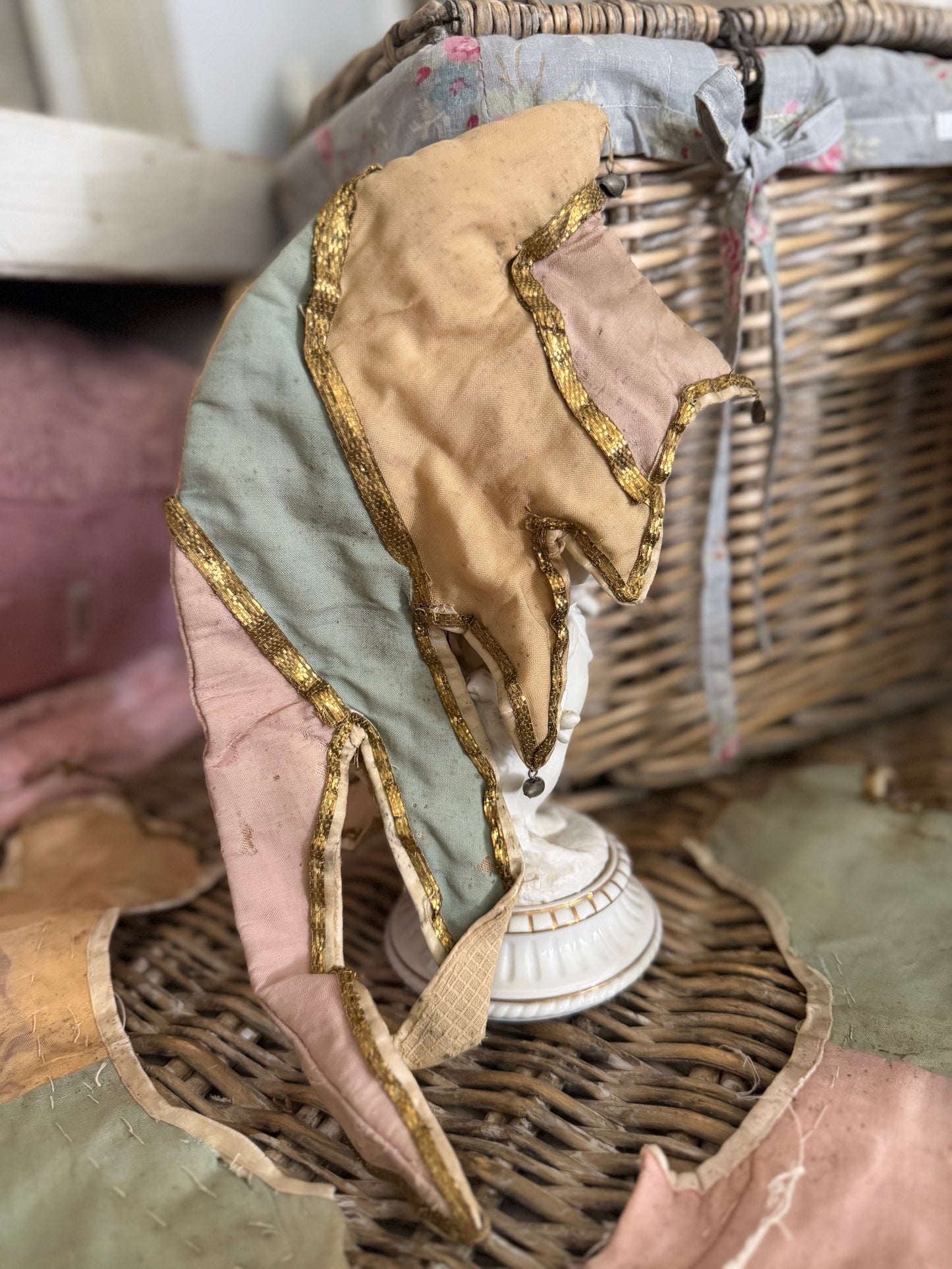 Antique Pink Blue Jester Bell Costume Hat & Cuffs