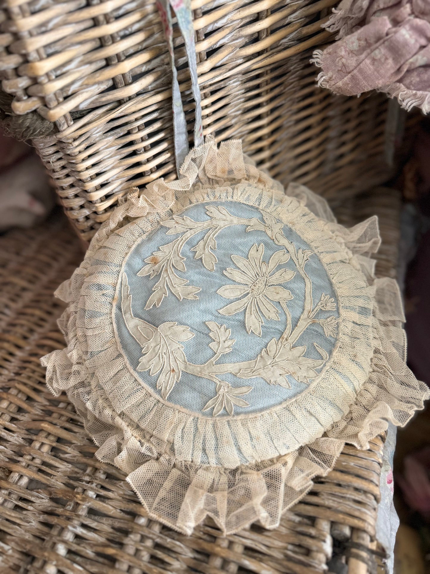 Antique French Blue Lace Boudoir Cushion Pillow
