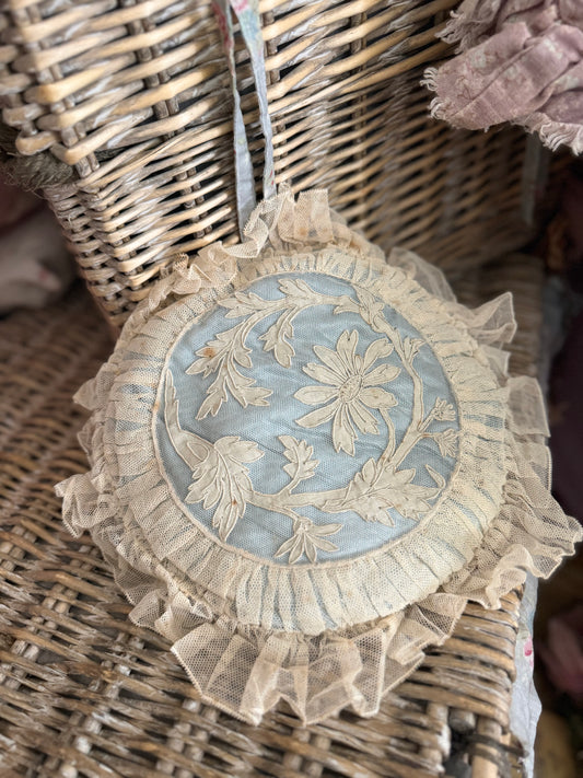 Antique French Blue Lace Boudoir Cushion Pillow
