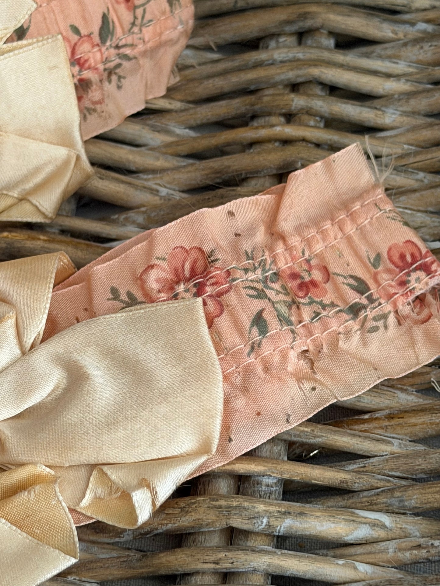 Antique Pink Floral Silk Garters With Bow