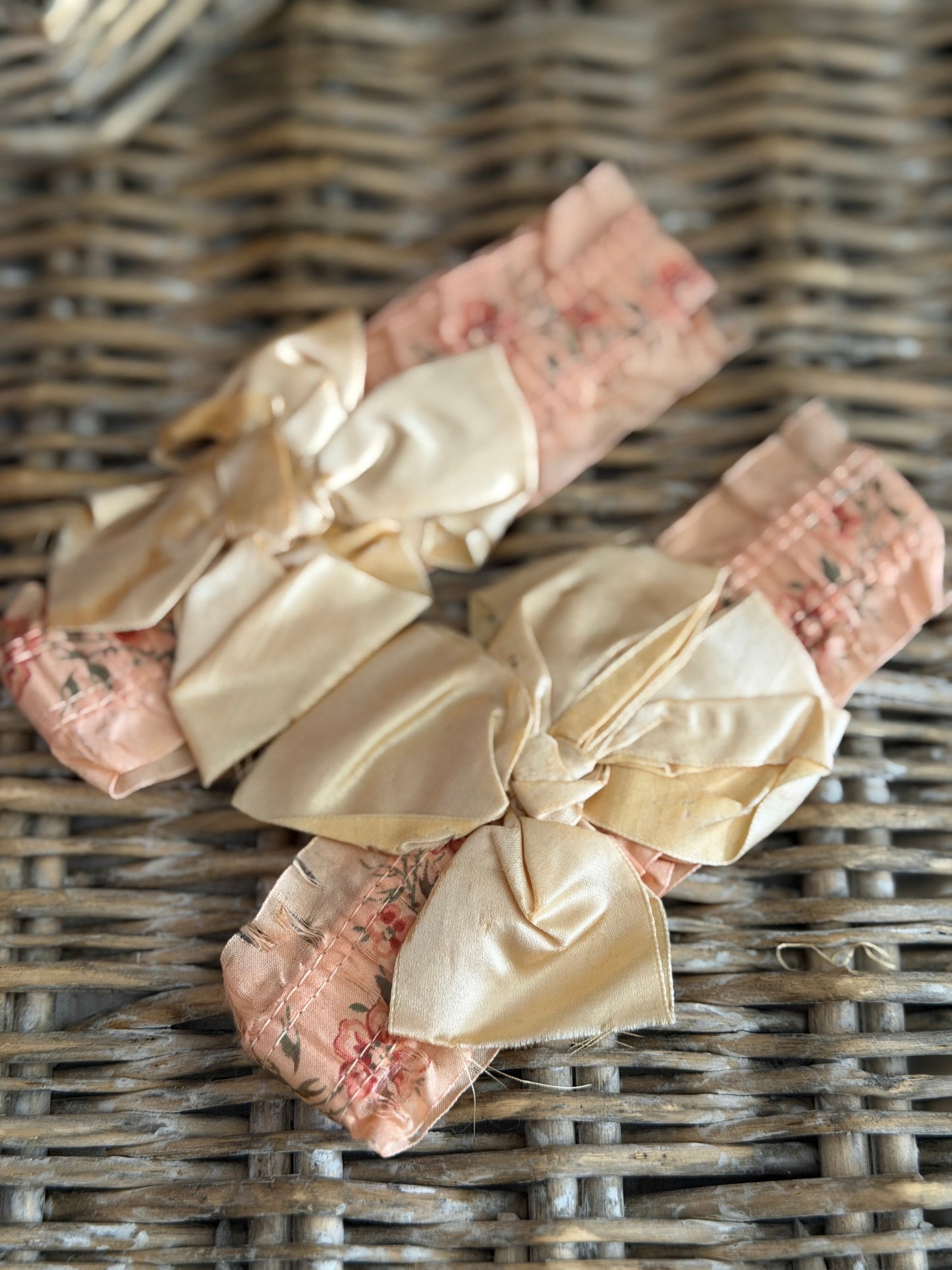 Antique Pink Floral Silk Garters With Bow