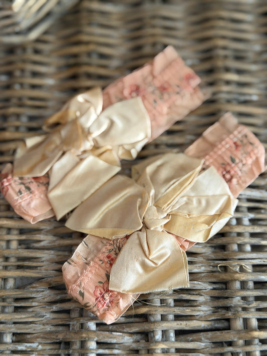 Antique Pink Floral Silk Garters With Bow