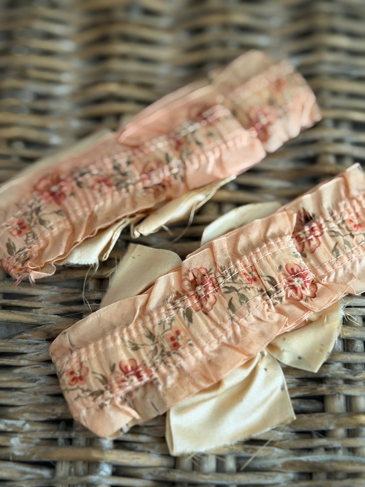 Antique Pink Floral Silk Garters With Bow